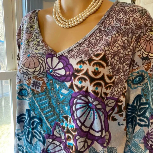 Le Mieux Studio V neck Floral Beach Summer Casual  Artsy Top Womens XL Stretch - Picture 5 of 6